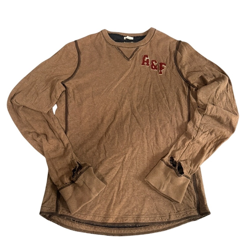 Abercrombie & Fitch Mens Brown Distressed Long Sleeve Muscle Tee A&F Logo Medium